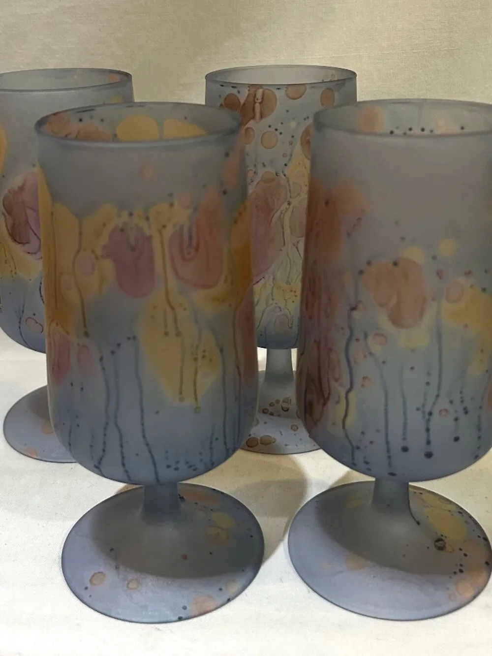 Reuven Glass Art Nouveau Hand Made Stem Wine Glasses Frosted Finish